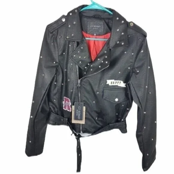 Ci Sono Black Faux Leather Moto Jacket Studded Tiger Head Womens Sz L Motorcycle